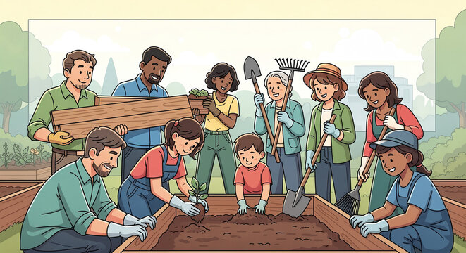 Diverse Community Group Working Together in Urban Raised Garden Bed