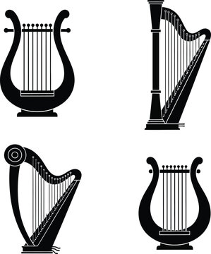 Silhouette icons of diverse stringed musical instruments, featuring classical harps and ancient lyres, presented in black on a white background