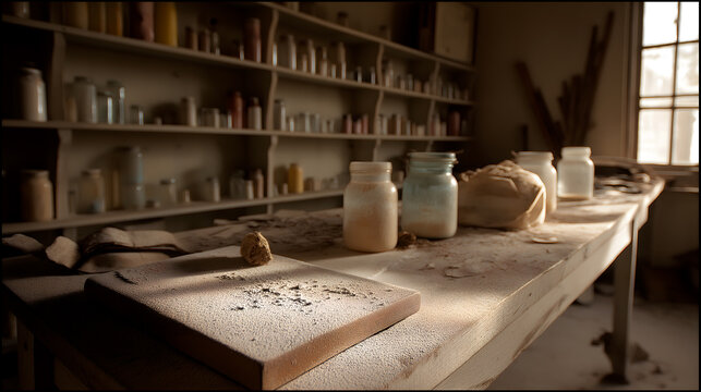 Wooden table with flour, dough, rolling pin, and jars in a rustic kitchen interior focused on baking preparation.