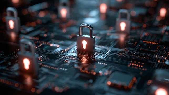 Cybersecurity concept: Illuminated padlocks arranged on a motherboard, symbolizing security and protection in the digital realm