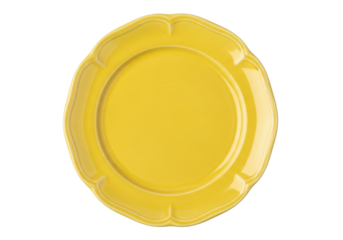 Yellow ceramic plate isolated PNG on transparent background, decorative tableware with scalloped edge for food presentation and elegant dining