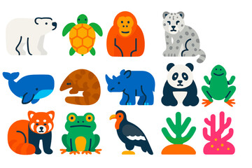 Naklejka premium Endangered Animals Icons. Flat vector icons of Endangered Animals: polar bear, sea turtle, orangutan, snow leopard, blue whale,