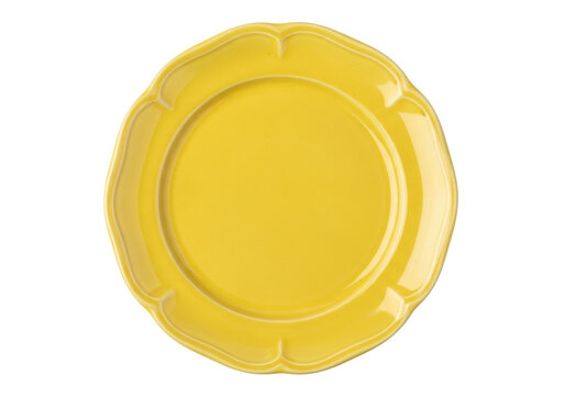 Yellow ceramic plate isolated PNG on transparent background, decorative tableware with scalloped edge for food presentation and elegant dining