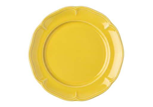 Yellow ceramic plate isolated PNG on transparent background, decorative tableware with scalloped edge for food presentation and elegant dining