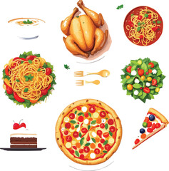 Assorted meal icon set with roasted chicken, soup, spaghetti, salad, pizza, cake, and utensils