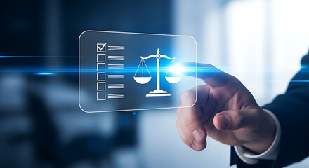 A finger touches a futuristic screen displaying a checklist and scales of justice icon