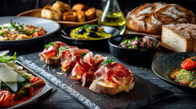 A spread of italian appetizers featuring prosciutto on toast and various small dishes