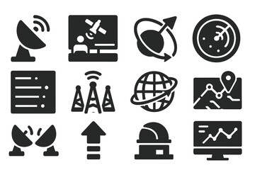 Fototapeta premium Ground Tracking Icons. Solid style icons of ground tracking: satellite dish, mission control screen, orbital path projection,