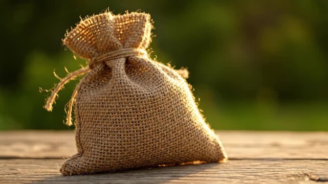 Burlap sack on a wood surface with blurred green background
