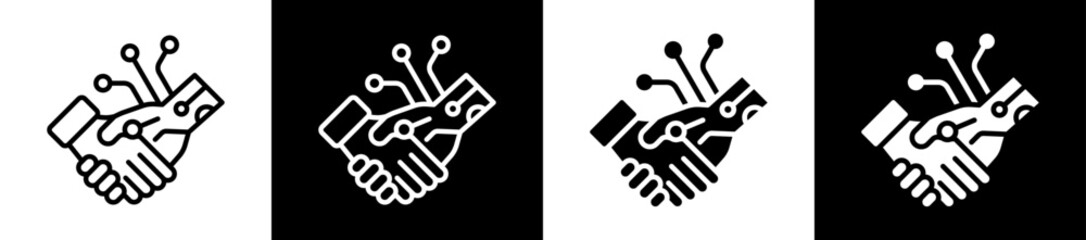 Human Robot Collaboration Icon Set In Black And White Filled Style Collection