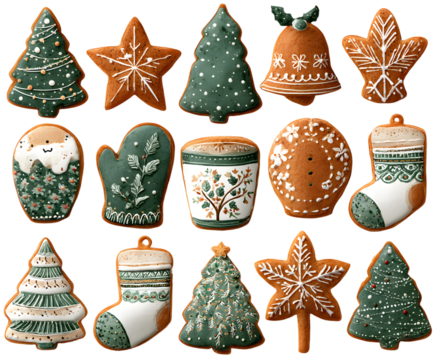 Holiday cookies set with gingerbread stars, bells, mittens and trees, cookies decorated in festive style, cookies perfect for seasonal clipart and packaging.