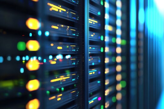 Close-up AI data center server rack with colorful glowing indicator lights and metallic panels for IT infrastructure visuals, cloud technology concepts, and digital marketing presentations