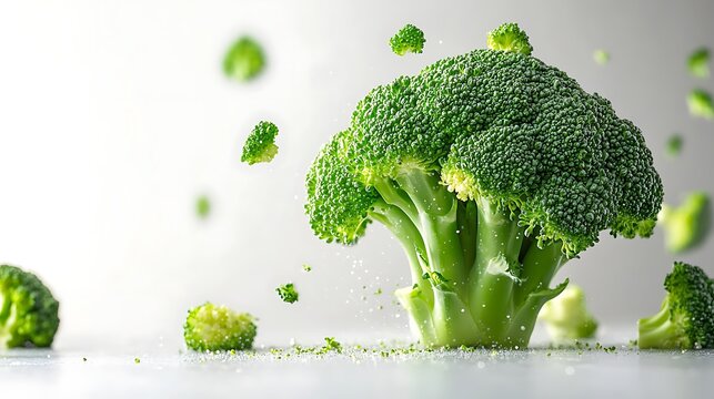 Fresh broccoli florets falling isolated on white background