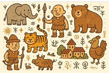Obraz premium Whimsical Ethnozoology Scene. Whimsical doodle ethnozoology scene with smiling animals, cartoon hunters with friendly faces,