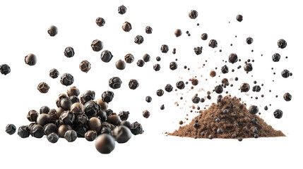 Two piles of peppercorns and ground pepper isolated on transparent background
