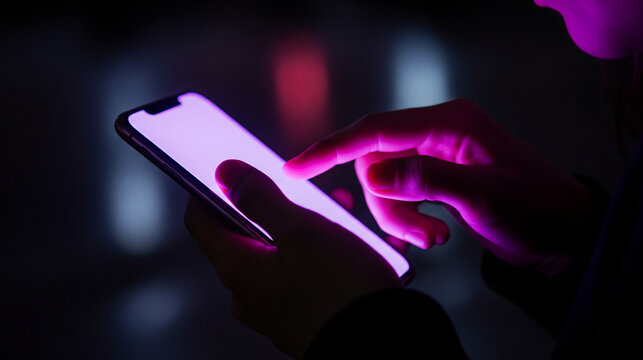 Close-up of hands using a smartphone with a glowing purple screen in a dark environment