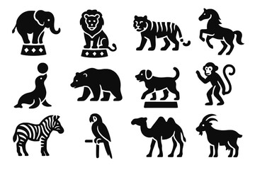 Naklejka premium Circus Animal Icons. Solid style icons of circus animals: elephant, lion, tiger, horse, seal, bear, dog, monkey, zebra, parrot,