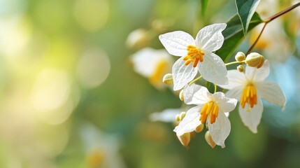 Obraz premium Elegant white flowers with vibrant yellow stamens illuminated by soft light in a dreamy garden setting capturing the essence of nature's beauty and tranquility.