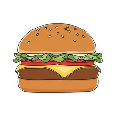 Illustrative burger with cheese, lettuce, and tomato on white background  