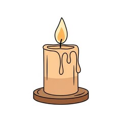 Candle with wax dripping on wooden holder and lit flame  