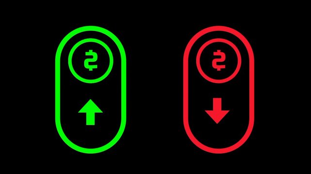 Red and green icons show opposing economic indicators depicting simultaneous profit and loss activity in a volatile market environment