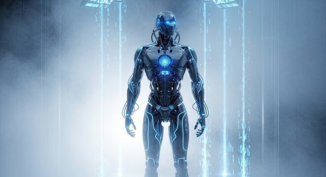 Futuristic android in a science fiction laboratory