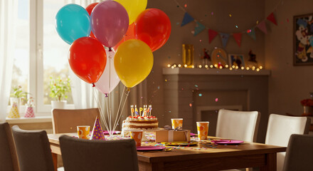 Colorful Birthday Balloons and Celebration Table Indoors