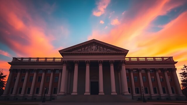 neoclassical. Neoclassical building silhouette against vibrant sunset, radiating majestic architectural grandeur. inspiring travel planning.
