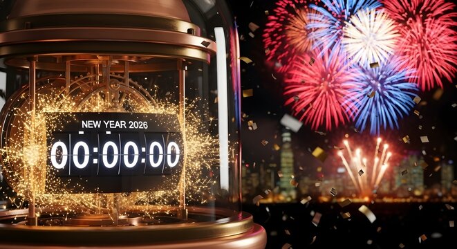 A glowing countdown clock striking midnight for New Year 2026 new years eve