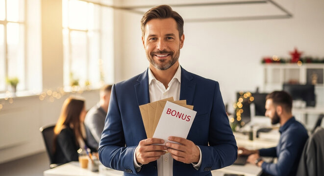 Boss with envelopes with bonuses to employees, smiling manager holding bonus letters in modern office, employee recognition and holiday celebration