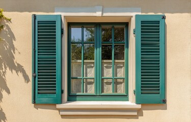 Fototapeta premium Beige wall with teal shutters and window