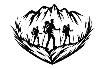 Silhouetted hikers ascend mountains, supported by sticks, amidst the rugged terrain and sharp foliage