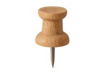 Wooden pushpin with metal point, isolated for office stationery and cork board message pinning, transparent background