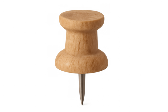 Wooden pushpin with metal point, isolated for office stationery and cork board message pinning, transparent background
