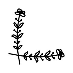 Hand drawn doodle floral corner element with simple flower and leaves. Perfect for decorative frames, invitations, cards, scrapbooking, and creative design projects.