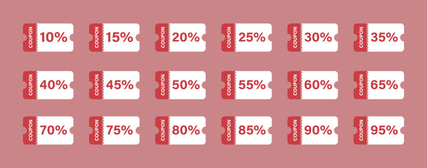 A collection of coupon icons representing discounts from 10 to 95 . Perfect for promotions, sales, vouchers, and marketing projects, highlighting special offers and savings for retail and shopping