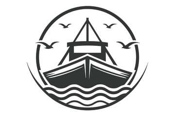 Simple monochrome emblem shows vintage ship sailing smoothly with birds within oval