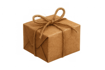 Gift box in brown kraft paper with rope bow, parcel delivery, craft present, surprise package with twine