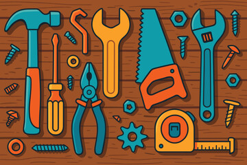 Colorful Tools Flat Lay. Creative flat lay of colorful tools and hardware on a rustic wooden table, vibrant and vector