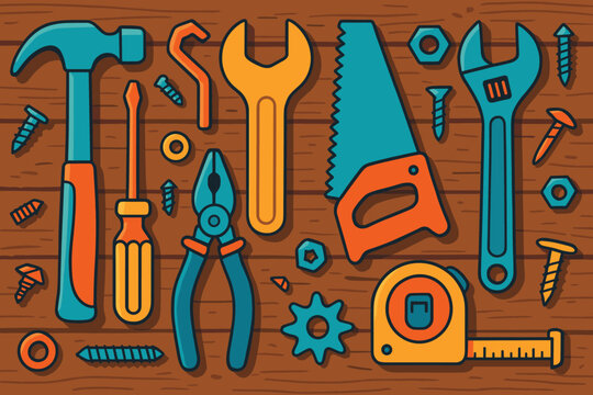Colorful Tools Flat Lay. Creative flat lay of colorful tools and hardware on a rustic wooden table, vibrant and vector