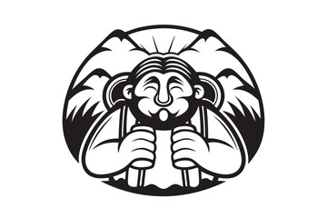 Smiling mythical creature illustration shows dwarf holding a pair of steins with mountain backdrop