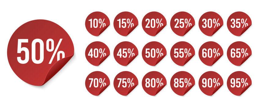 Red promotion sticker badges showing different discount prices from 10 to 95 percent, designed for shopping marketing, clearance sales, and advertising campaigns, encouraging customers to save money.