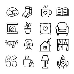 Cozy home line icons set featuring cat, socks, fireplace, pillow, lamp, cup, and warm details. Vector outline illustration perfect for hygge lifestyle, comfort, interior design, and winter season