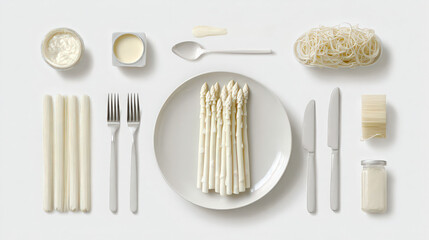 monochrome green meal featuring pea soup, pesto pasta, and asparagus