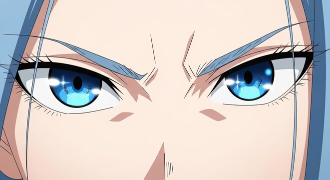 Close up anime character fierce blue eyes intense gaze
