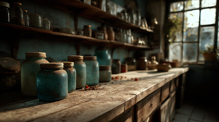 A rustic kitchen scene with a wooden table. Several glass jars in various sizes are placed on the table. Sunlight filters through a window, illuminating the jars.