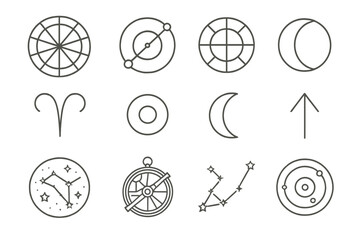 Astrology Line Art. Line style icons of Horoscope Analysis: Natal Chart, Planetary Transit, House Layout, Zodiac Icon; Sun Glyph,
