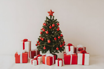 Beautiful Christmas Tree with Red Ornaments and Gift Boxes