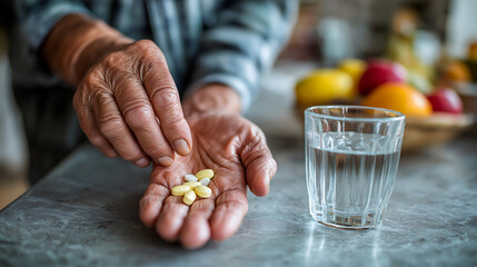 An elderly man's hands hold several pills above a palm. A glass of water is nearby. Fresh fruits are visible in the background, suggesting a healthy lifestyle.