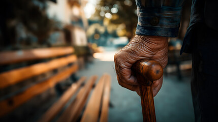Close-up of an elderly man's hand gripping a wooden cane. The background features blurred wooden benches in a park setting. Soft natural light enhances the scene.